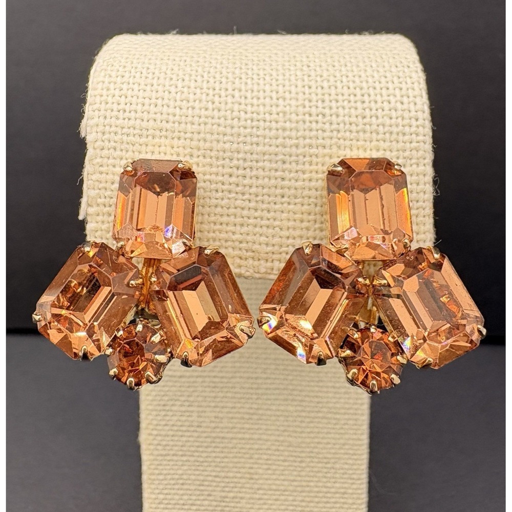 Vintage Coro Topaz Rhinestone Gold Tone Clip on Earrings Emerald Cut